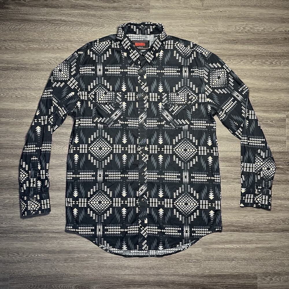 Rock & Roll Denim Aztec Western Pearl Snap Shirt Men's Medium Black Stretch EUC